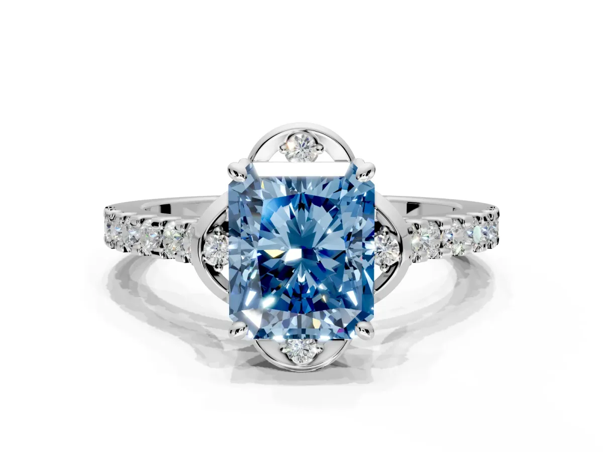 Floral Engagement Ring Setting for Fancy Blue Radiant Cut Center with Pave Band and Floral Prong Head in Platinum
