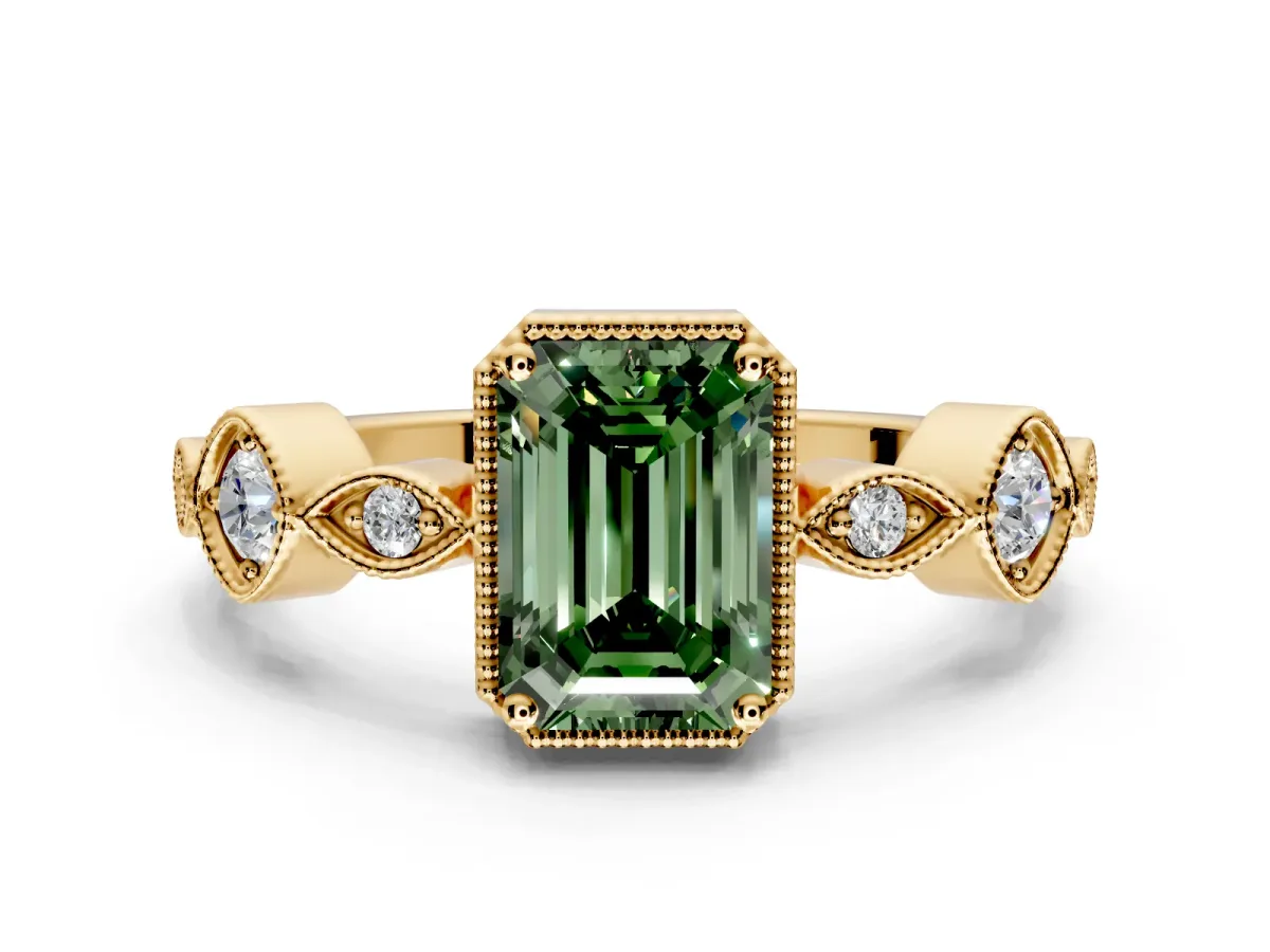 Vintage Station Engagement Ring Setting for Fancy Green Emerald Cut Center with Accents and Prong Head in Yellow Gold