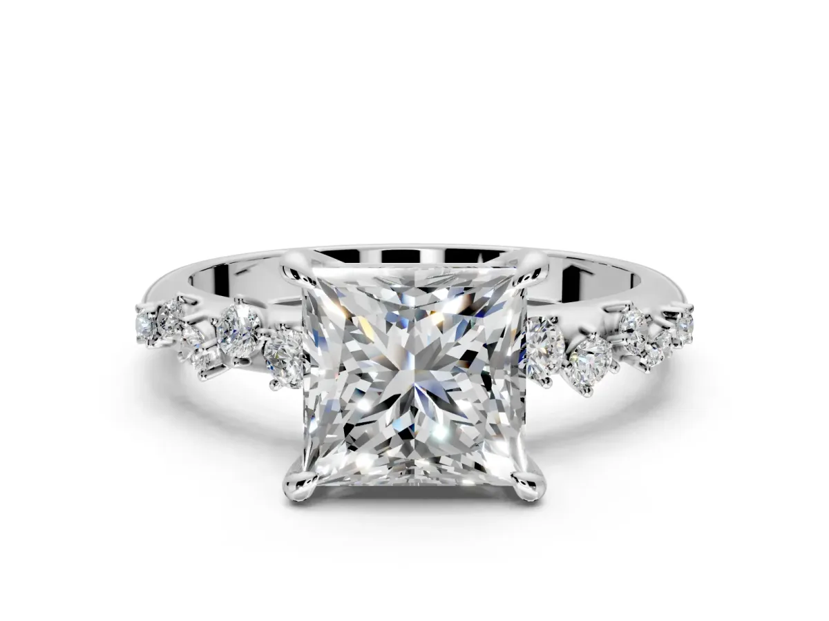Solitaire Engagement Ring Setting for Princess Cut Center with Trailing Leaf Accent Band and Prong Head in Platinum