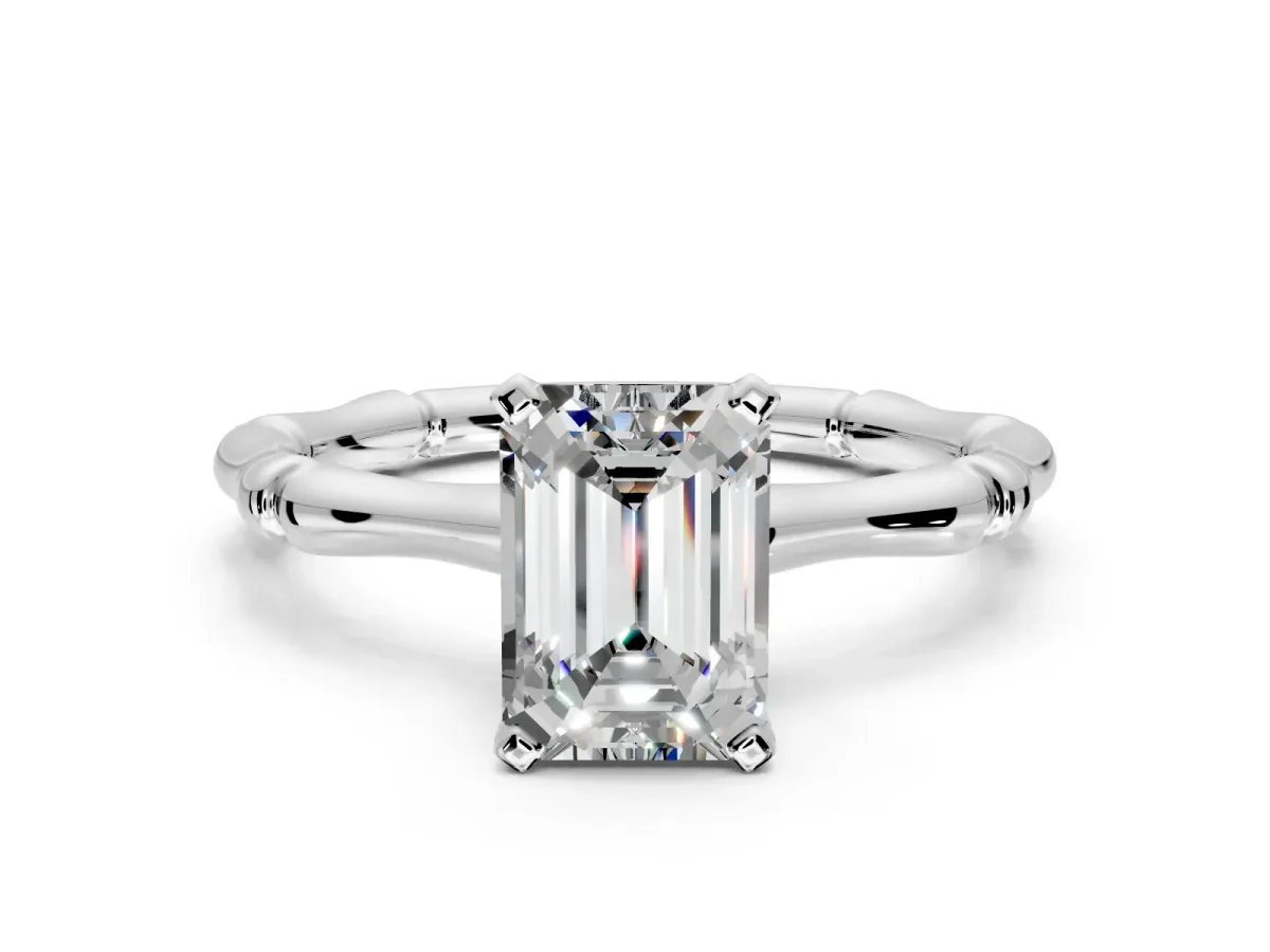 Solitaire Engagement Ring Setting for Emerald Cut Center with Bamboo Band and Prong Head in Platinum