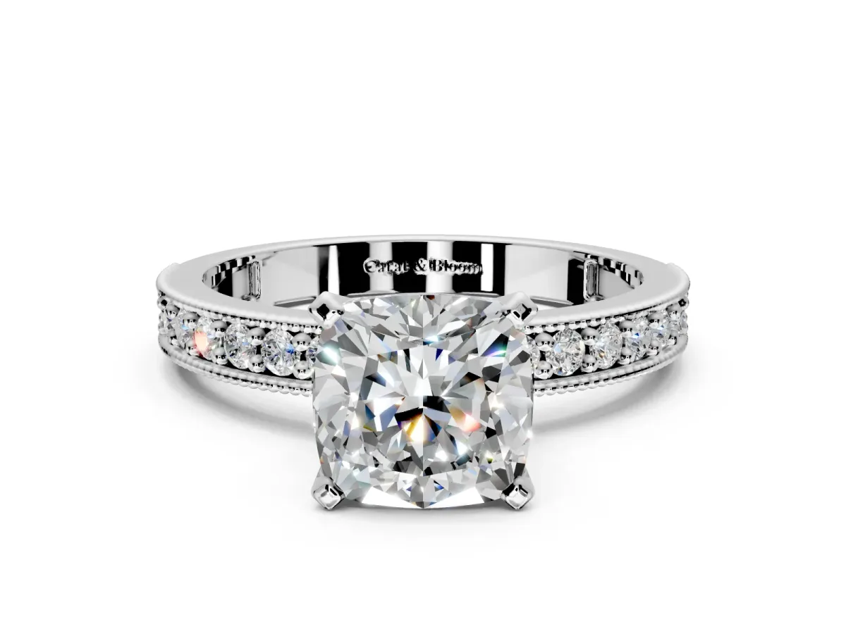 Milgrain Pave Engagement Ring Setting for Cushion Cut Center with Accent Band and Prong Head in Sterling Silver