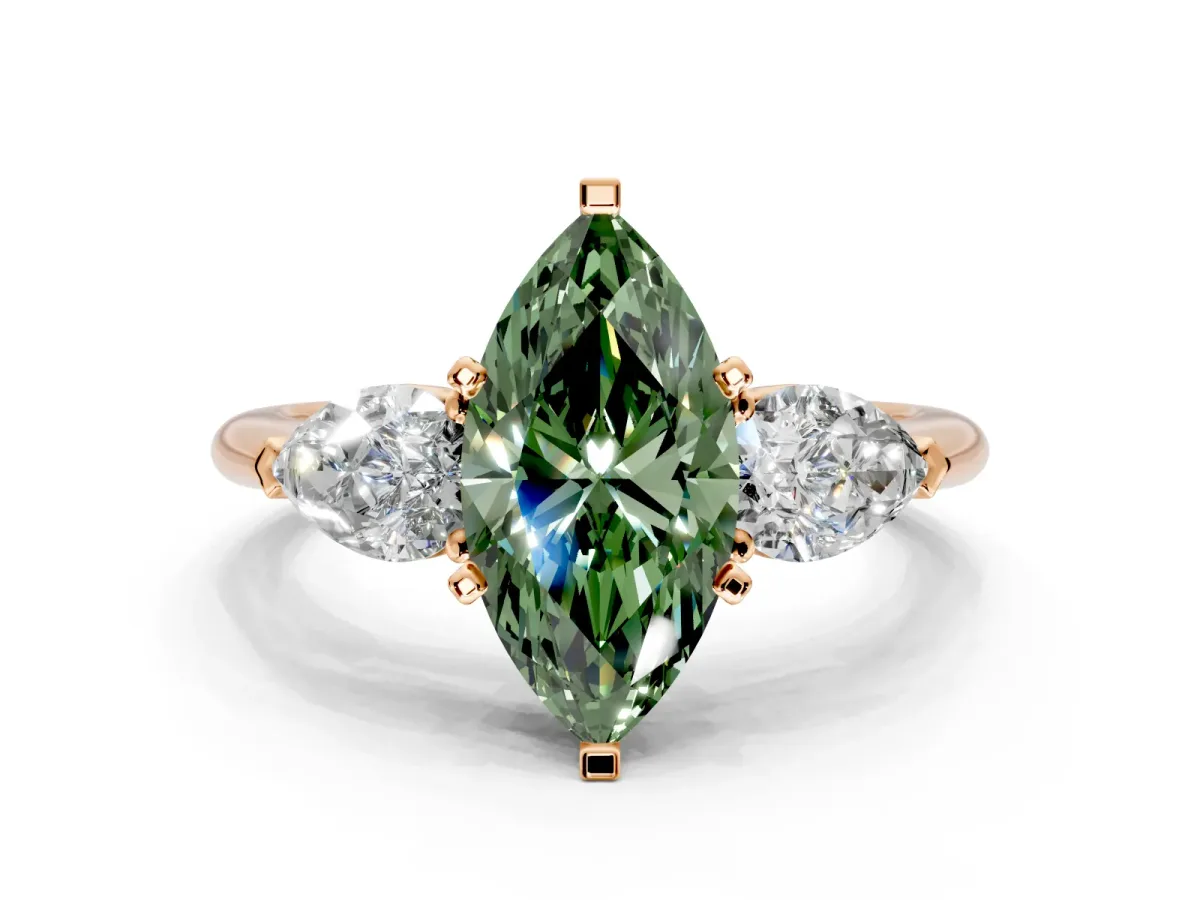 3 Stone Engagement Ring Setting for Fancy Green Marquise Center with Large Pear-Shaped Accents and Prong Head in Rose Gold