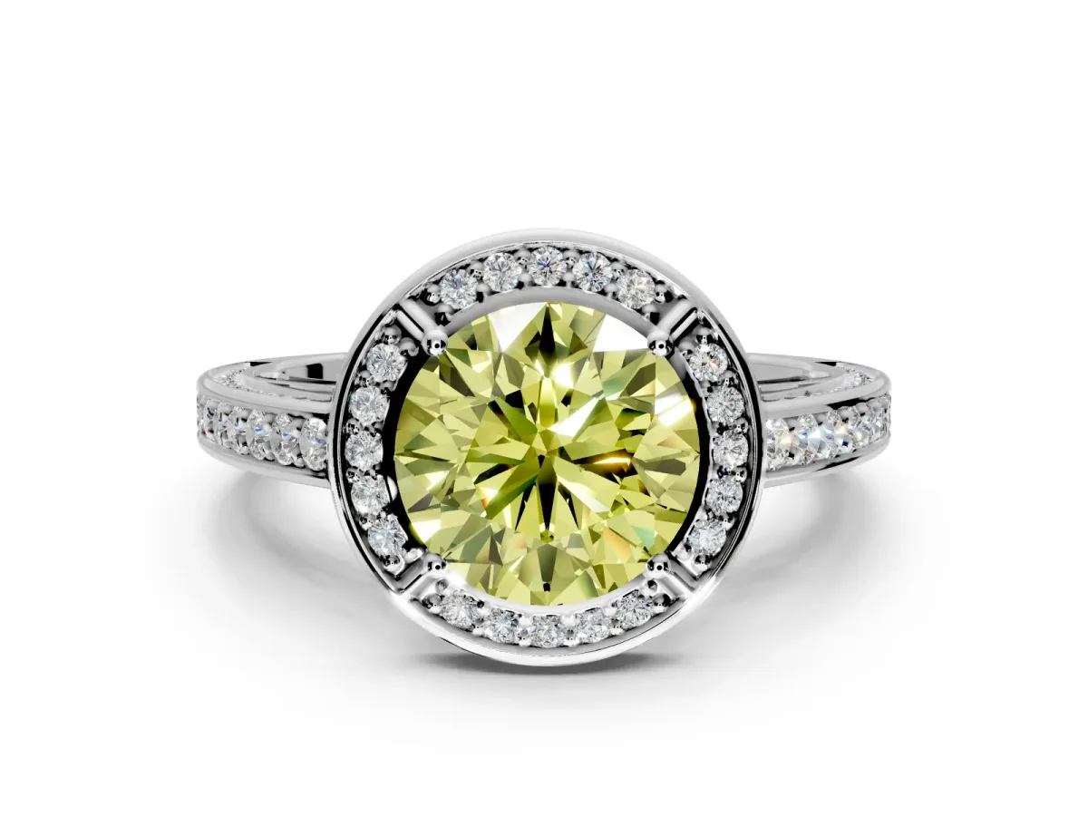 Halo Engagement Ring Setting for Fancy Yellow Round Cut Center with Framed Halo, Pave Band and Prong Head in Sterling Silver