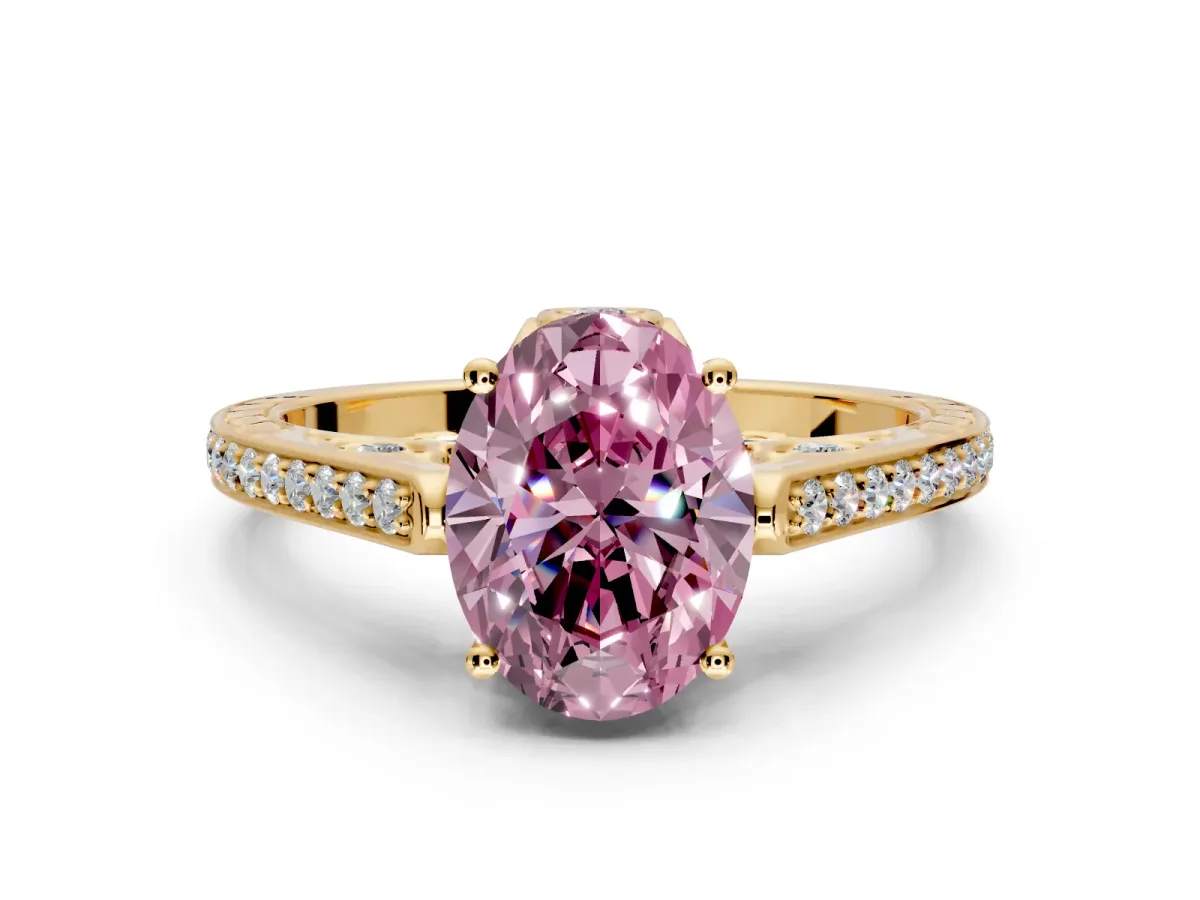 Cathedral Engagement Ring Setting for Fancy Pink Oval Center with Antique-Style Pave Band and Prong Head in Yellow Gold