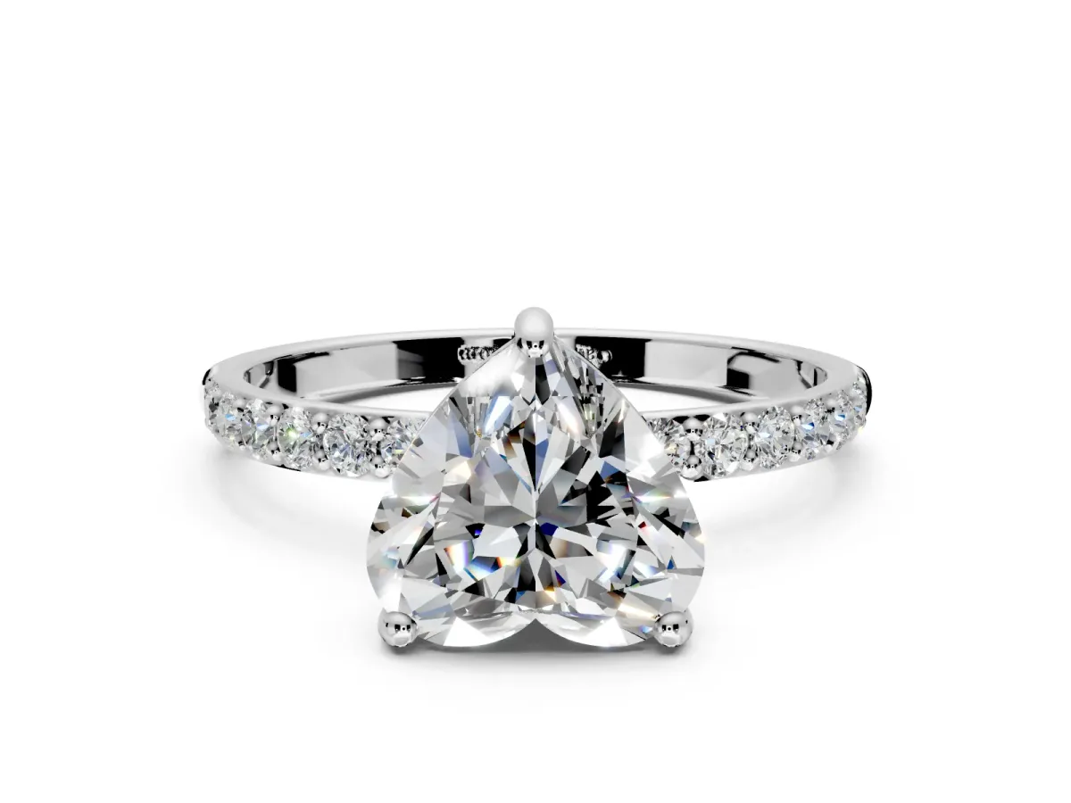 Solitaire Engagement Ring Setting for Heart-Shaped Center with Pave Accents and Prong Head in Platinum