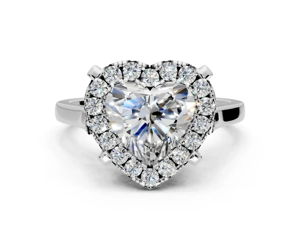 Single Halo Engagement Ring Setting for Heart-Shaped Center with Corner Claws, Plain Band and Prong Head in Platinum