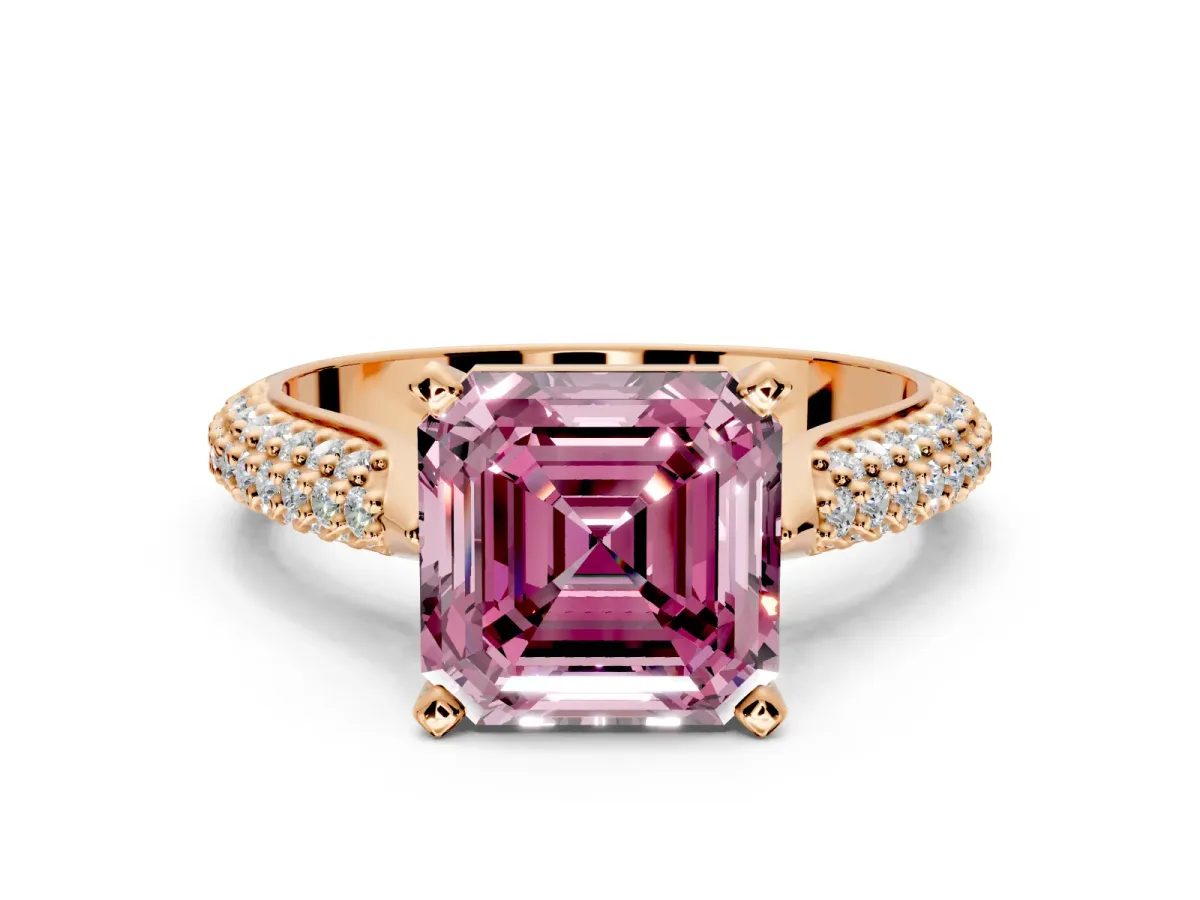 Solitaire Engagement Ring Setting for Fancy Pink Asscher Cut Center with Multi-Row Accents and Prong Head in Rose Gold