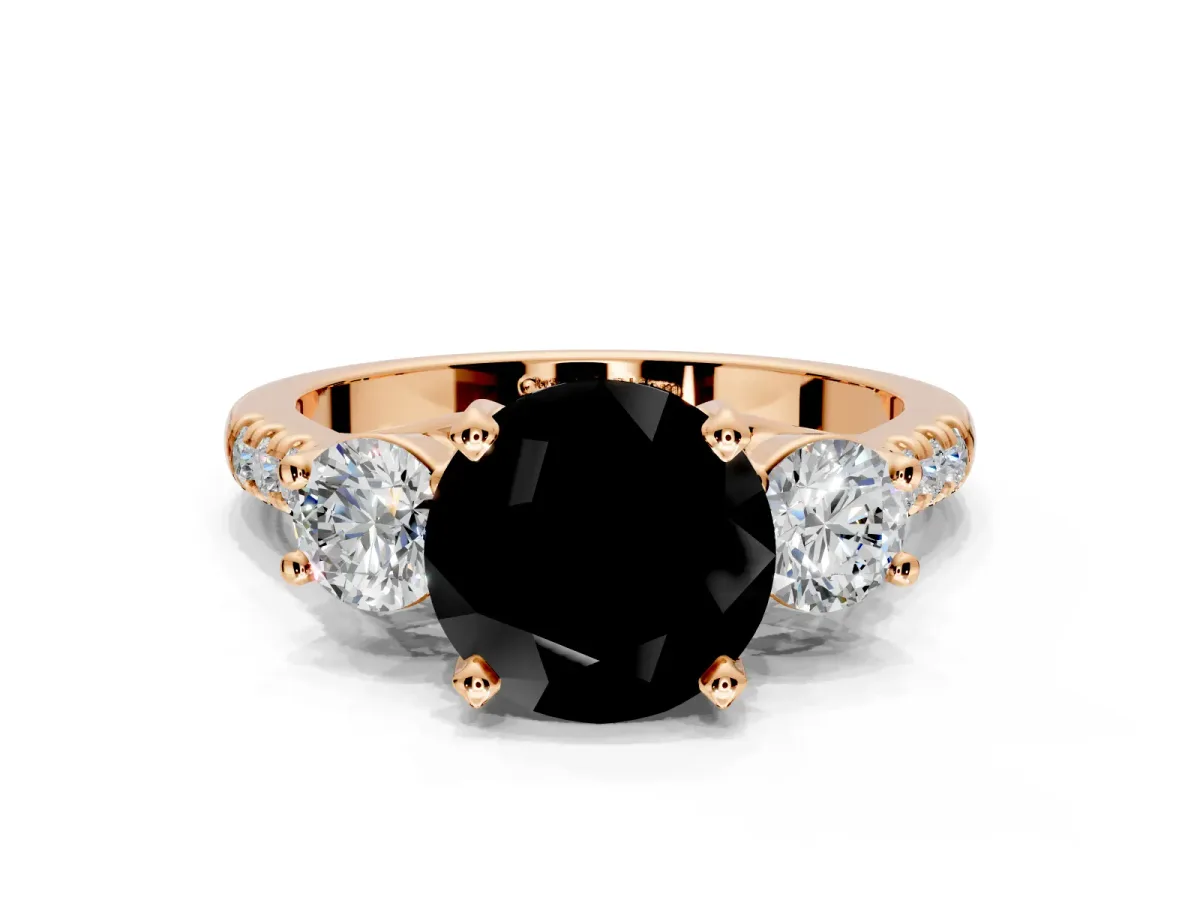 3 Stone Engagement Ring Setting for Fancy Black Round Cut Center with Crossover Basket, Pave Band and Prong Head in Rose Gold