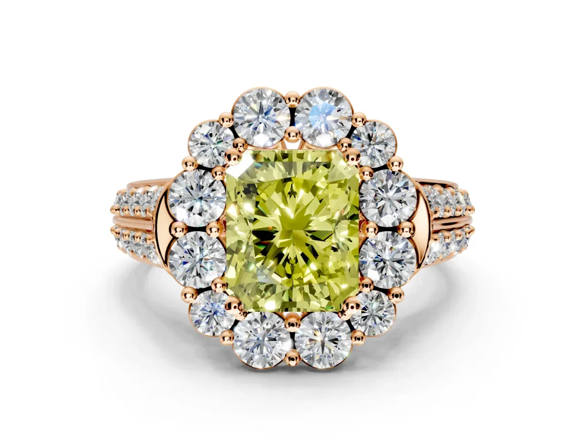 Large Accent Halo Engagement Ring Setting for Fancy Yellow Radiant Cut Center with Pave Split Shank and Prong Head in Rose Gold