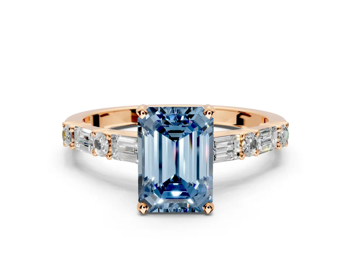 Baguette Engagement Ring Setting for Fancy Blue Emerald Cut Center with Alternating Bar-Set Band and Prong Head in Rose Gold