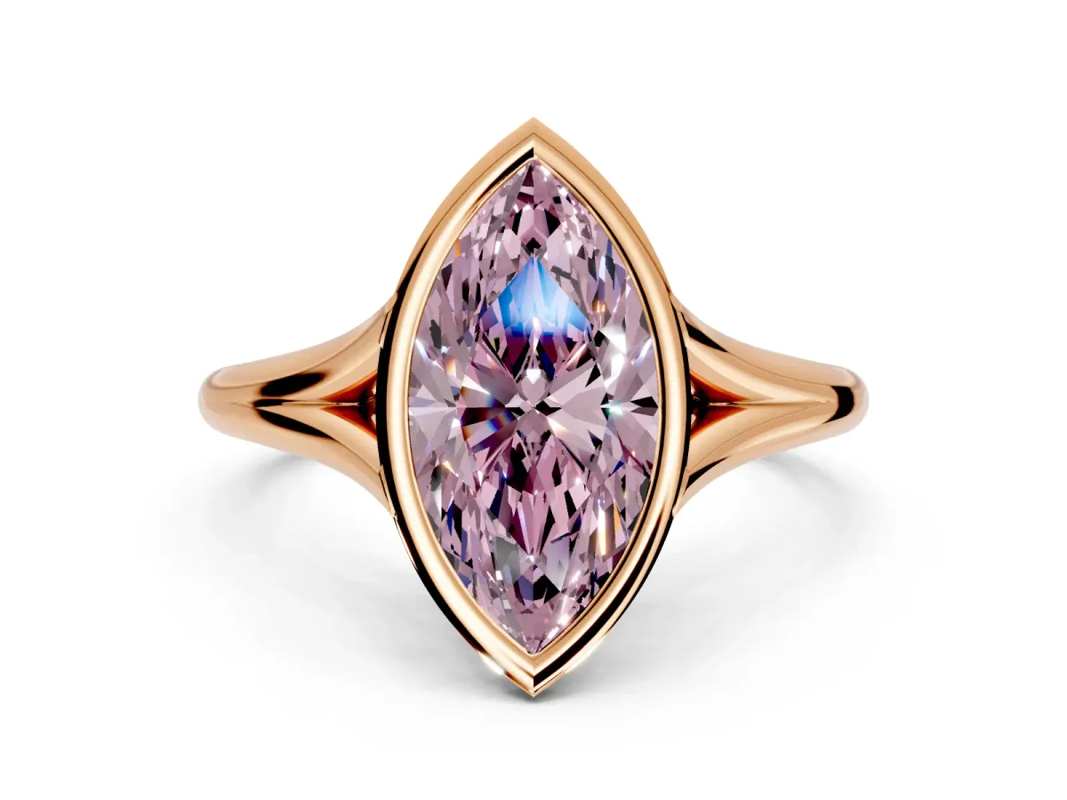 Solitaire Engagement Ring Setting for Fancy Pink Marquise Center with V Split Shank and Bezel Head in Rose Gold