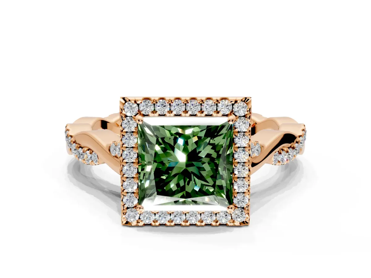 Halo Engagement Ring Setting for Fancy Green Princess Cut Center with Twist Band and Prong Head in Rose Gold