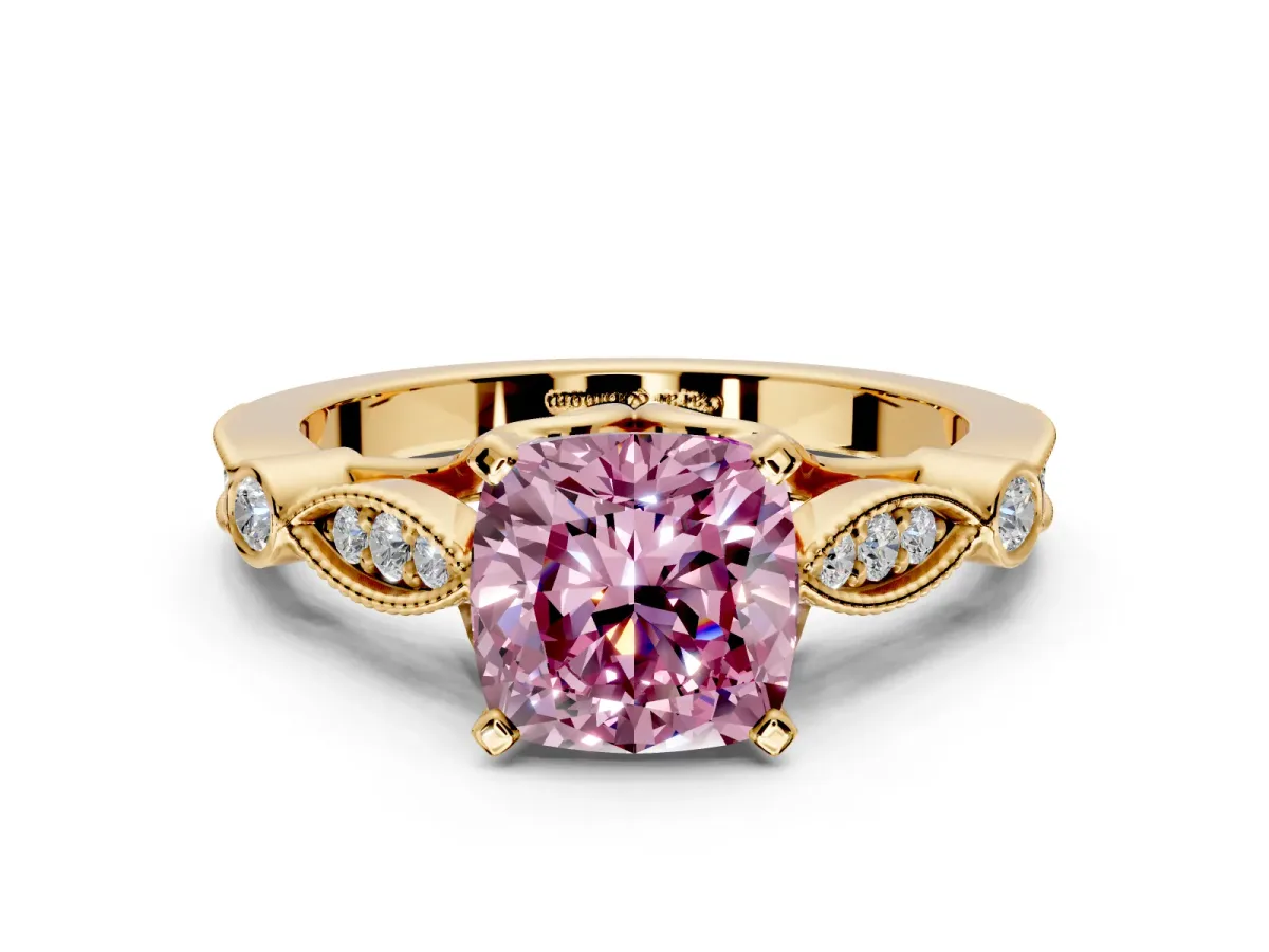 Solitaire Engagement Ring Setting for Fancy Pink Cushion Cut Center with Marquise and Bezel Accents and Prong Head in Yellow Gold