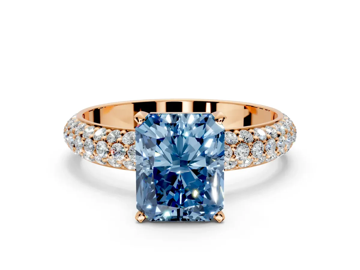 Solitaire Engagement Ring Setting for Fancy Blue Radiant Cut Center with Domed Multi-Row Pave Band and Prong Head in Rose Gold