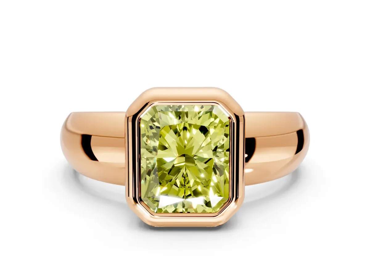 Solitaire Engagement Ring Setting for Fancy Yellow Radiant Cut Center with Wide Band and Bezel Head in Rose Gold