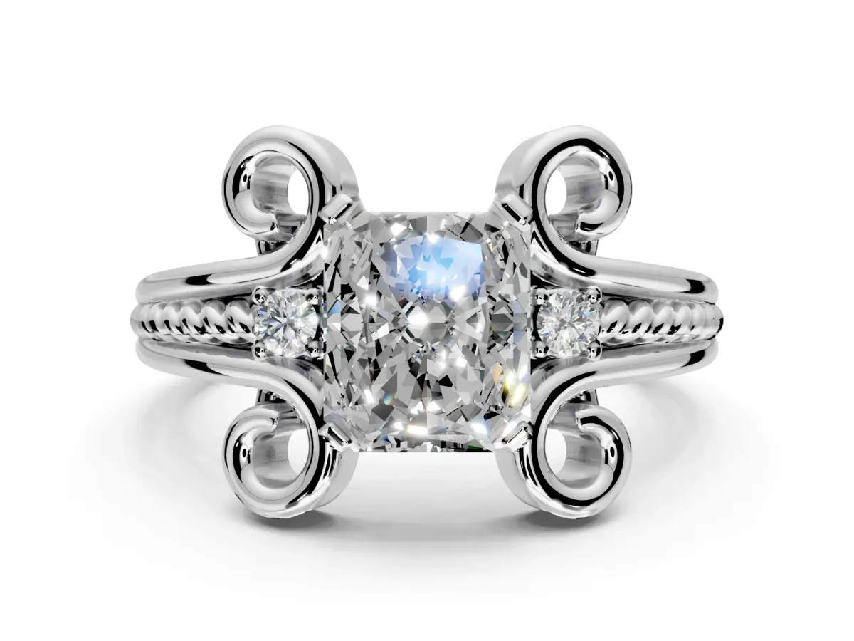 Solitaire Engagement Ring Setting for Radiant Cut Center with Twisted Band and Scroll Prong Head in Platinum