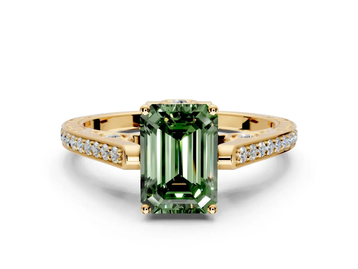 Cathedral Engagement Ring Setting for Fancy Green Emerald Cut Center with Antique-Style Pave Band and Prong Head in Yellow Gold