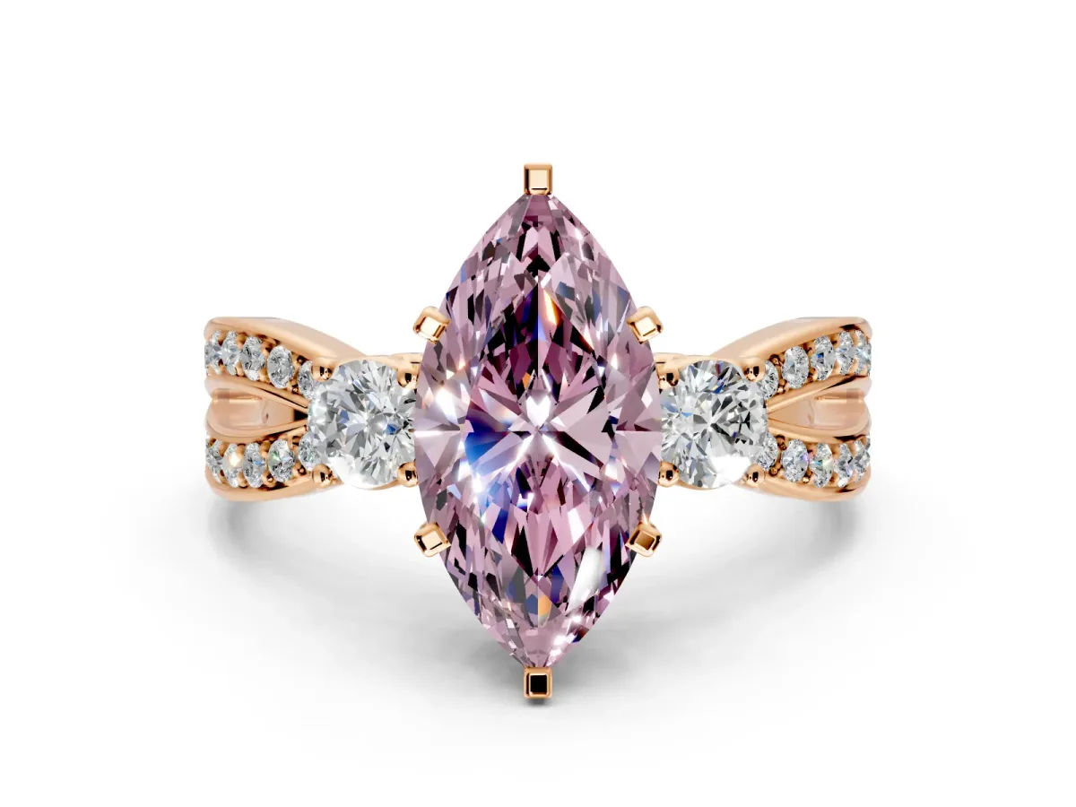 3 Stone Engagement Ring Setting for Fancy Pink Marquise Center with Pave Twist Band and Prong Head in Rose Gold