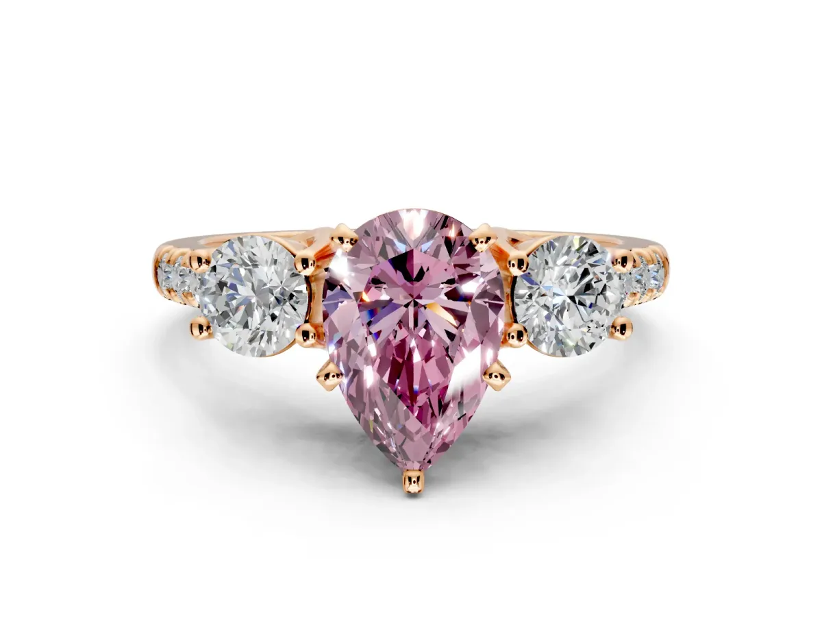 3 Stone Engagement Ring Setting for Fancy Pink Pear-Shaped Center with Crossover Basket, Pave Band and Prong Head in Rose Gold