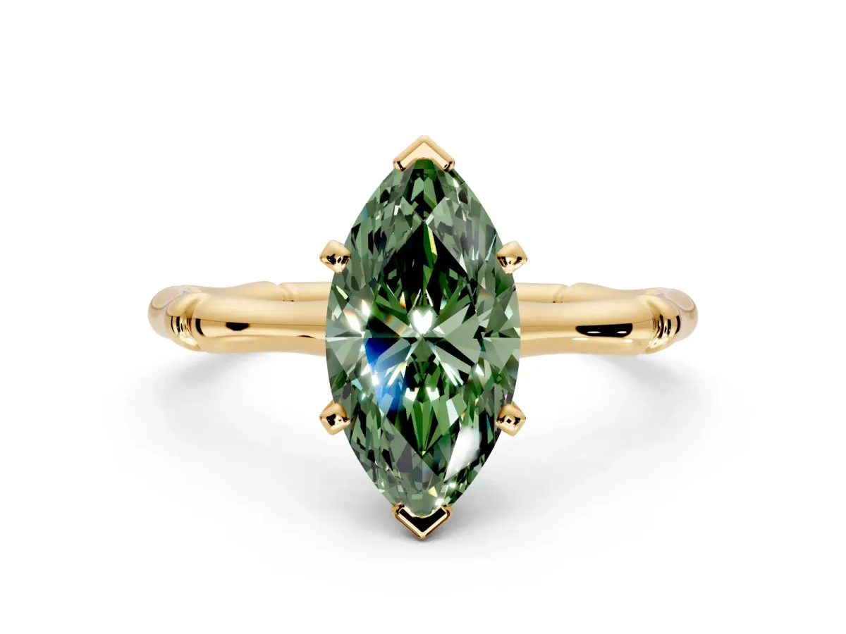 Solitaire Engagement Ring Setting for Fancy Green Marquise Center with Bamboo Band and Prong Head in Yellow Gold