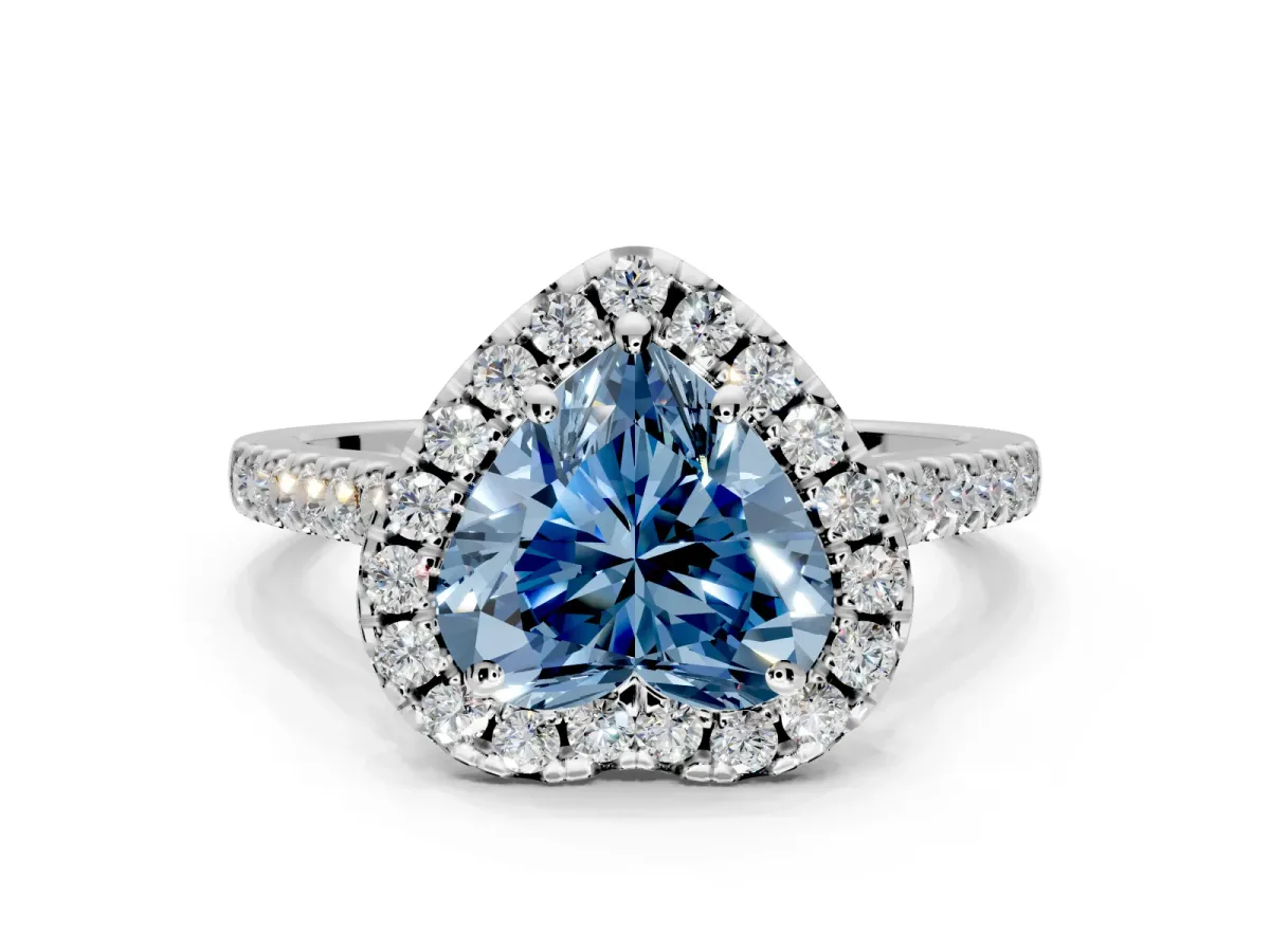 Halo Engagement Ring Setting for Fancy Blue Heart-Shaped Center with Raised Halo, Pave Band and Prong Head in Sterling Silver