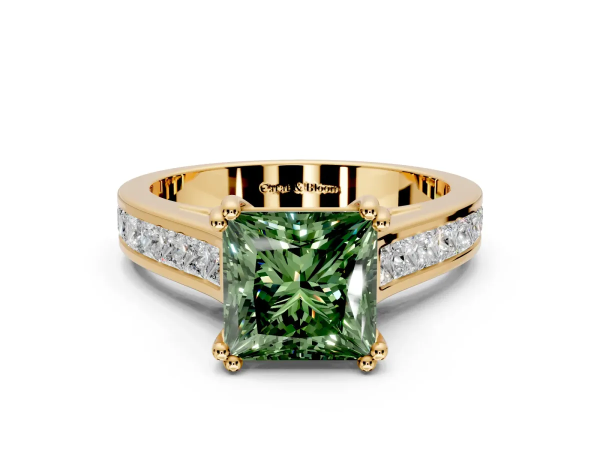 Solitaire Engagement Ring Setting for Fancy Green Princess Cut Center with Channel Band and Double Claw Prong Head in Yellow Gold