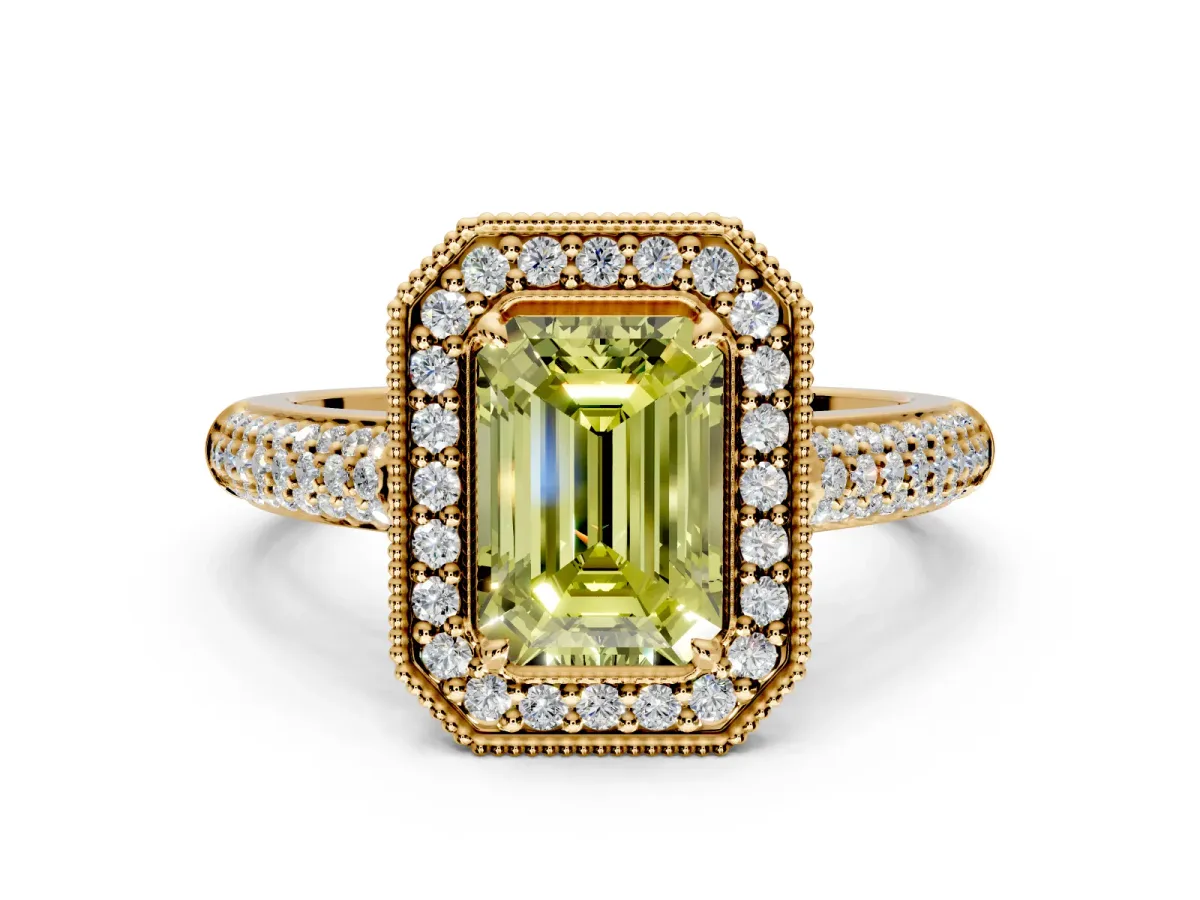 Milgrain Halo Engagement Ring Setting for Fancy Yellow Emerald Cut Center with Three-Sided Pave Band and Prong Head in Yellow Gold