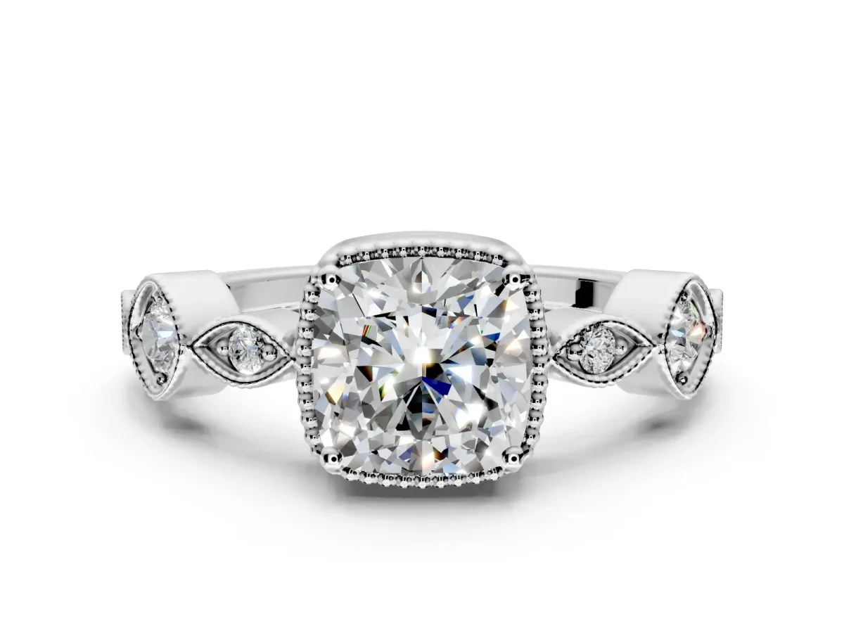 Vintage Station Engagement Ring Setting for Cushion Cut Center with Accents and Prong Head in Sterling Silver