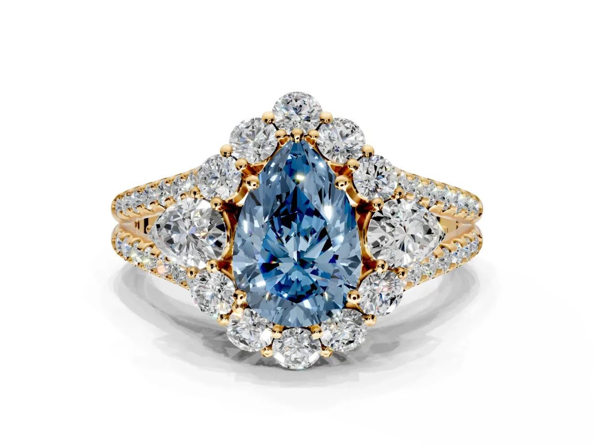 Halo Engagement Ring Setting for Fancy Blue Pear-Shaped Center with Two-Strand Split Shank and Prong Head in Yellow Gold