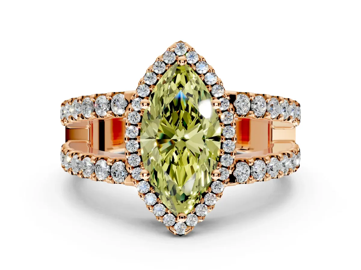 Halo Engagement Ring Setting for Fancy Yellow Marquise Center with Wide-Open Pave Split Shank and Prong Head in Rose Gold