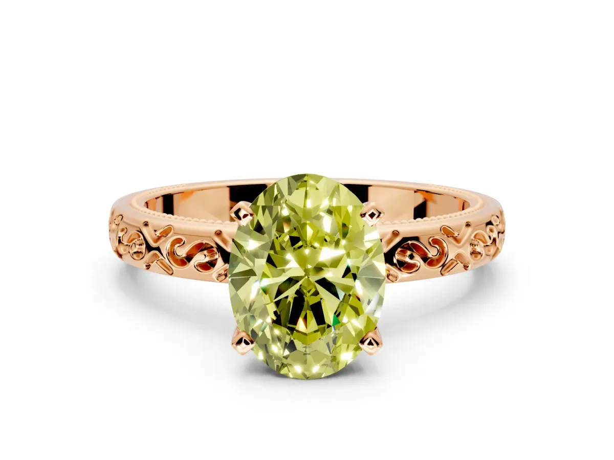 Solitaire Engagement Ring Setting for Fancy Yellow Oval Center with Scrollwork Band and Prong Head in Rose Gold
