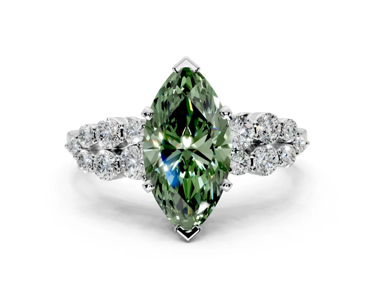 Cluster Engagement Ring Setting for Fancy Green Marquise Center with 2-Row Shoulder Clusters and Prong Head in Sterling Silver