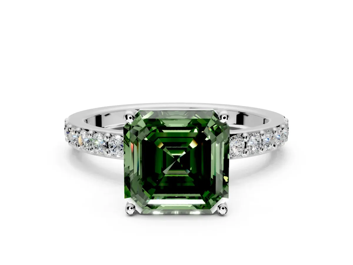 Solitaire Engagement Ring Setting for Fancy Green Asscher Cut Center with Round Cut Pave Band and Prong Head in Platinum