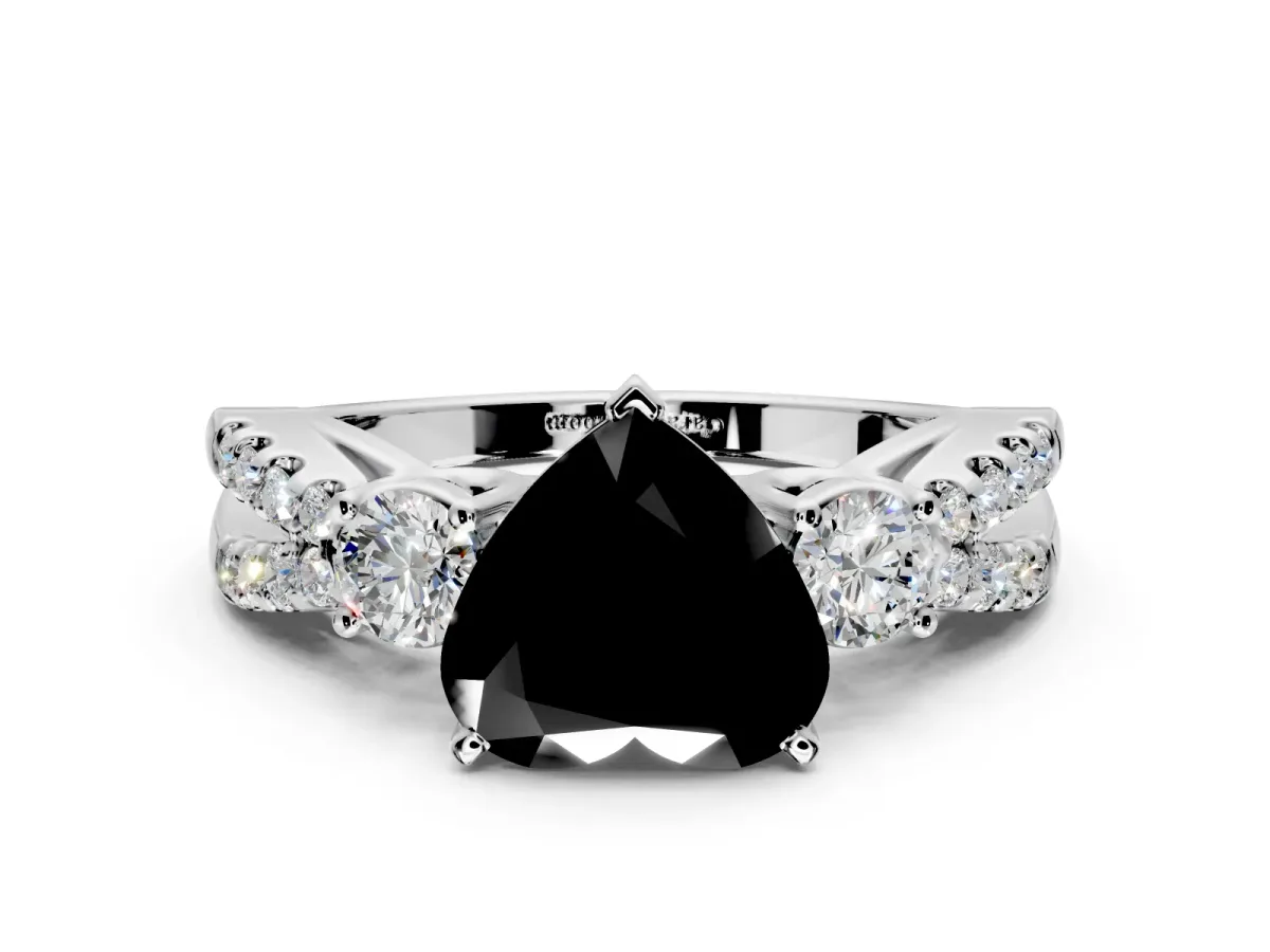 3 Stone Engagement Ring Setting for Fancy Black Heart-Shaped Center with Pave Split Shank and Prong Head in White Gold