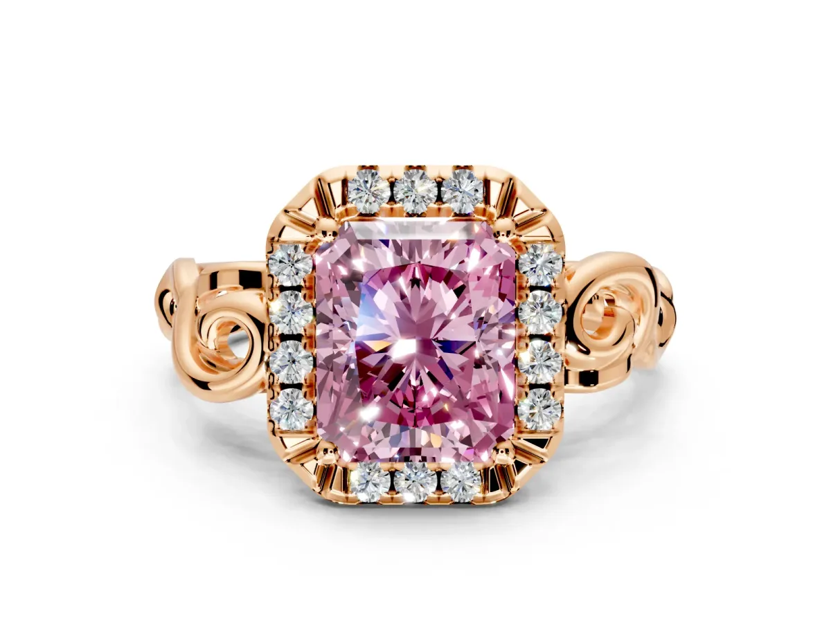 Halo Engagement Ring Setting for Fancy Pink Radiant Cut Center with Open Scroll Shoulders and Prong Head in Rose Gold