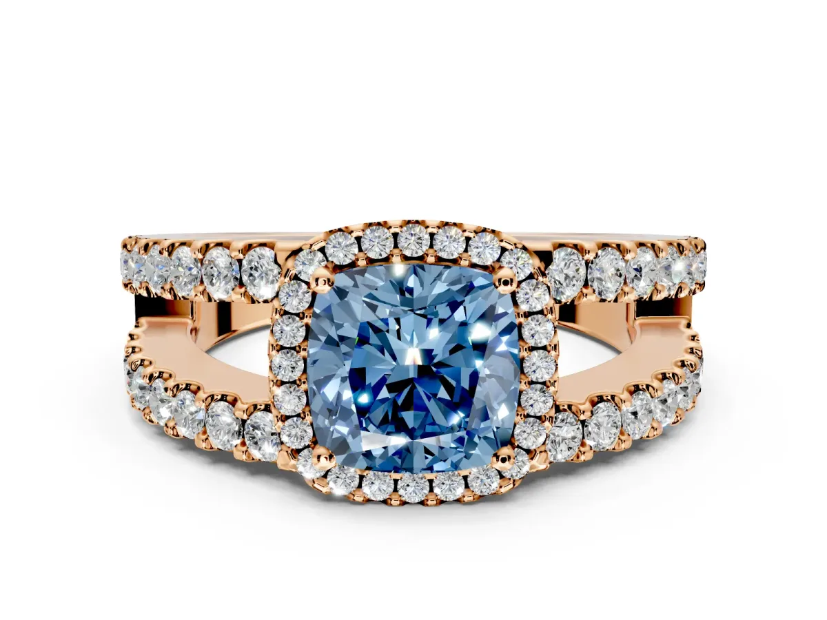 Halo Engagement Ring Setting for Fancy Blue Cushion Cut Center with Wide-Open Pave Split Shank and Prong Head in Rose Gold