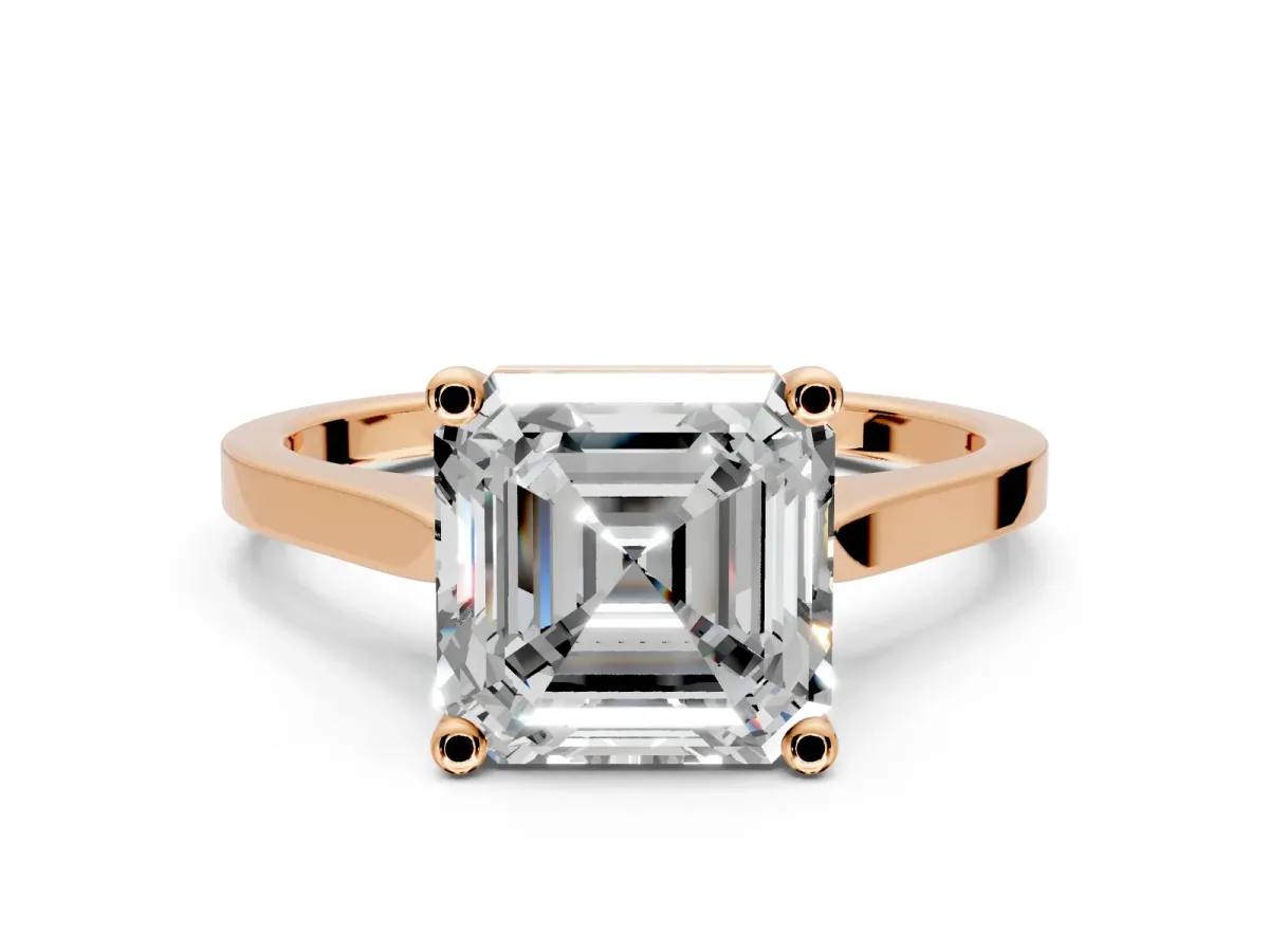 Solitaire Engagement Ring Setting for Asscher Cut Center with Tapered Shoulders and Prong Head in Rose Gold