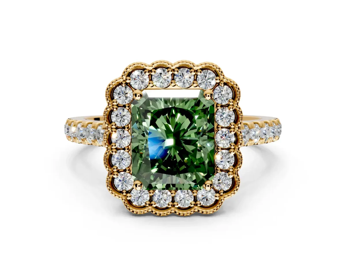 Milgrain Floral Halo Engagement Ring Setting for Fancy Green Radiant Cut Center with Pave Band and Prong Head in Yellow Gold
