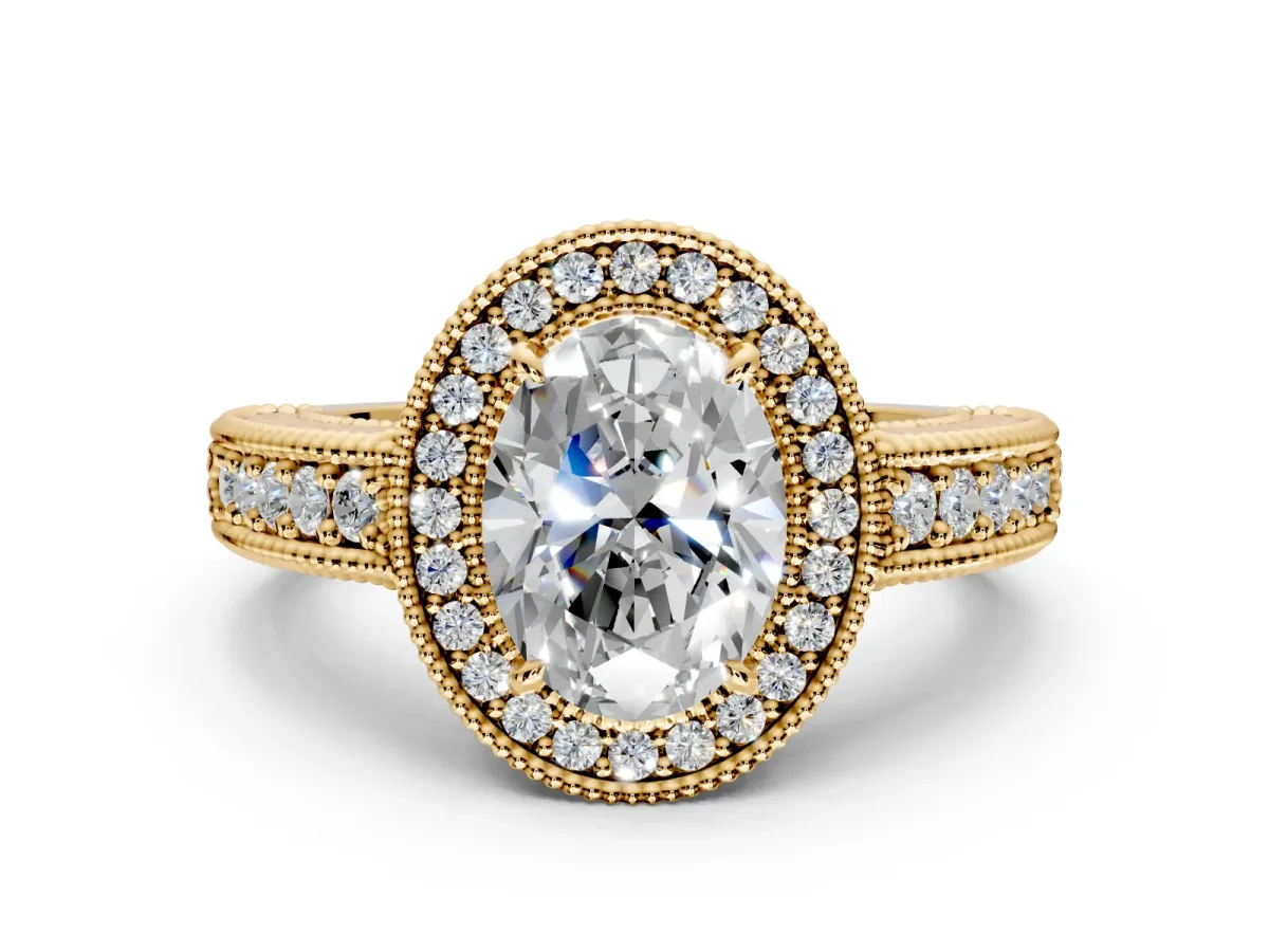 Milgrain Halo Engagement Ring Setting for Oval Center with Pave Band and Prong Head in Yellow Gold