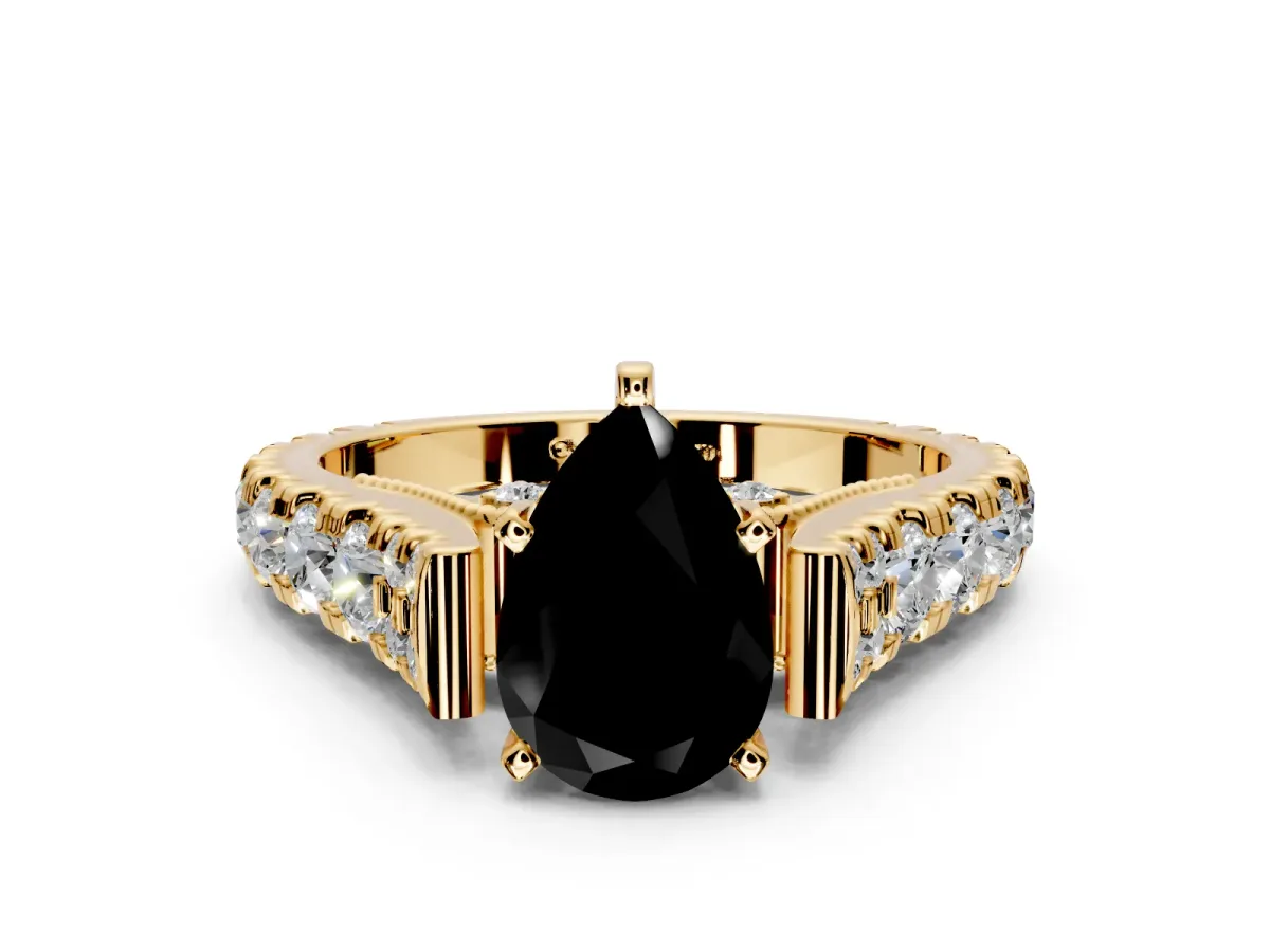 Solitaire Engagement Ring Setting for Fancy Black Pear-Shaped Center with Pave Cathedral Shoulders and Prong Head in Yellow Gold