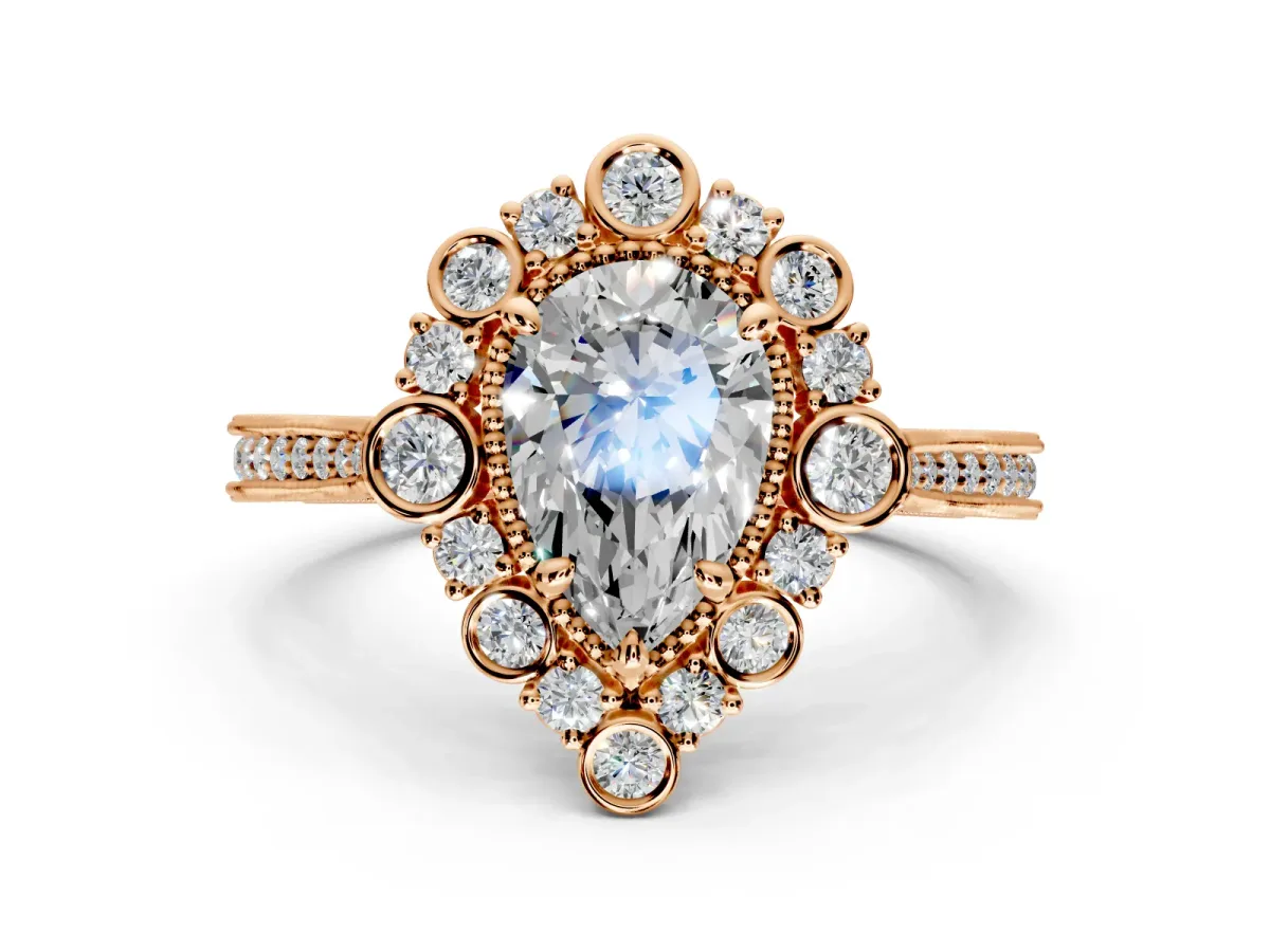 Milgrain Halo Engagement Ring Setting for Pear-Shaped Center with Bezel Point Accents and Prong Head in Rose Gold