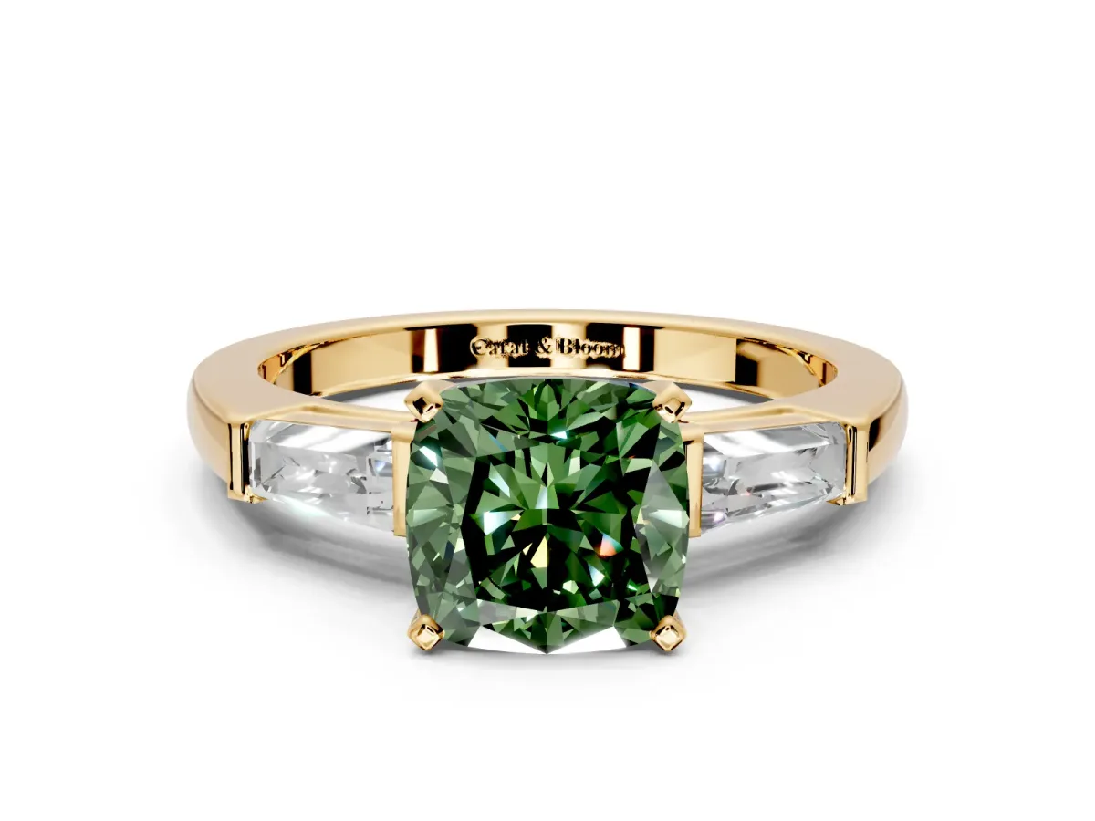 3 Stone Engagement Ring Setting for Fancy Green Cushion Cut Center with Tapered Baguettes, Plain Band and Prong Head in Yellow Gold