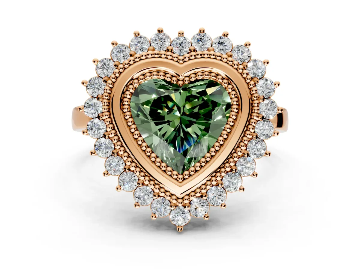 Halo Engagement Ring Setting for Fancy Green Heart-Shaped Center with Milgrain Bezel Rim, Plain Band and Prong Head in Rose Gold