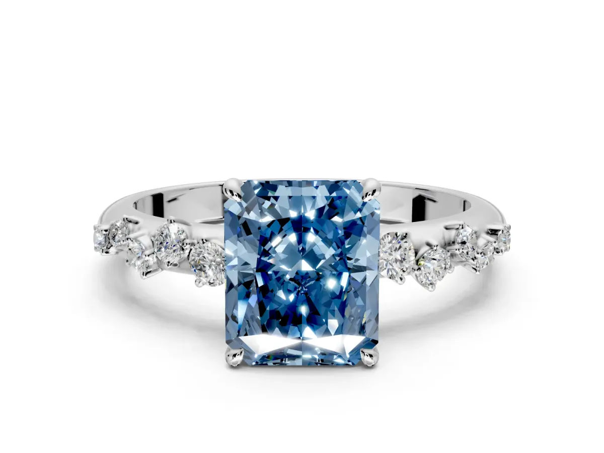 Cluster Engagement Ring Setting for Fancy Blue Radiant Cut Center with Round Cut Accent Band and Prong Head in Sterling Silver