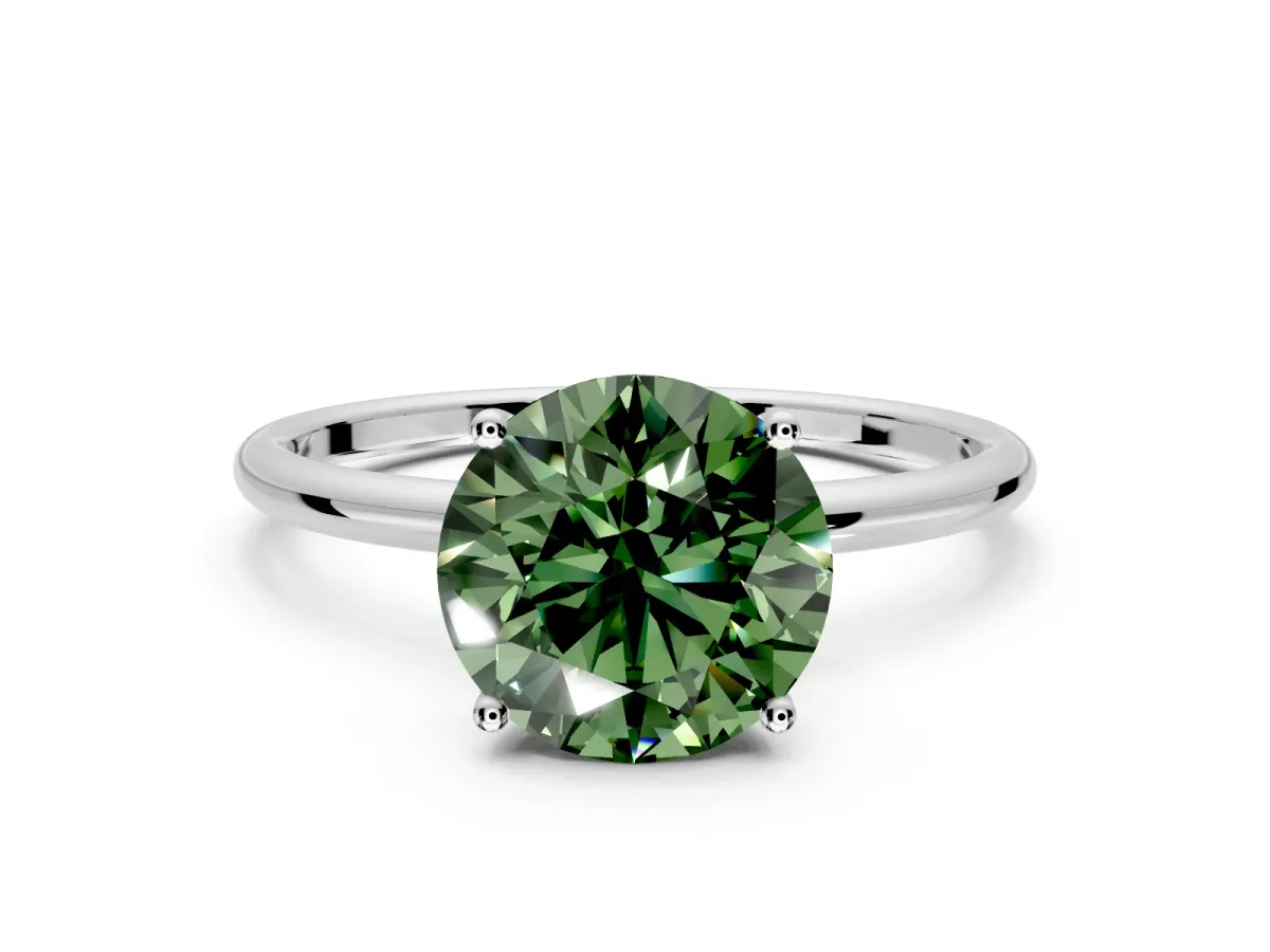 Solitaire Engagement Ring Setting for Fancy Green Round Cut Center with Straight Thin Band and Prong Head in Sterling Silver