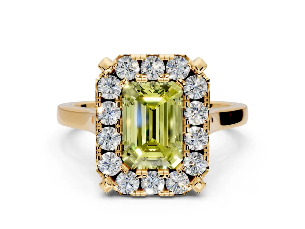 Single Halo Engagement Ring Setting for Fancy Yellow Emerald Cut Center with Corner Claws, Plain Band and Prong Head in Yellow Gold