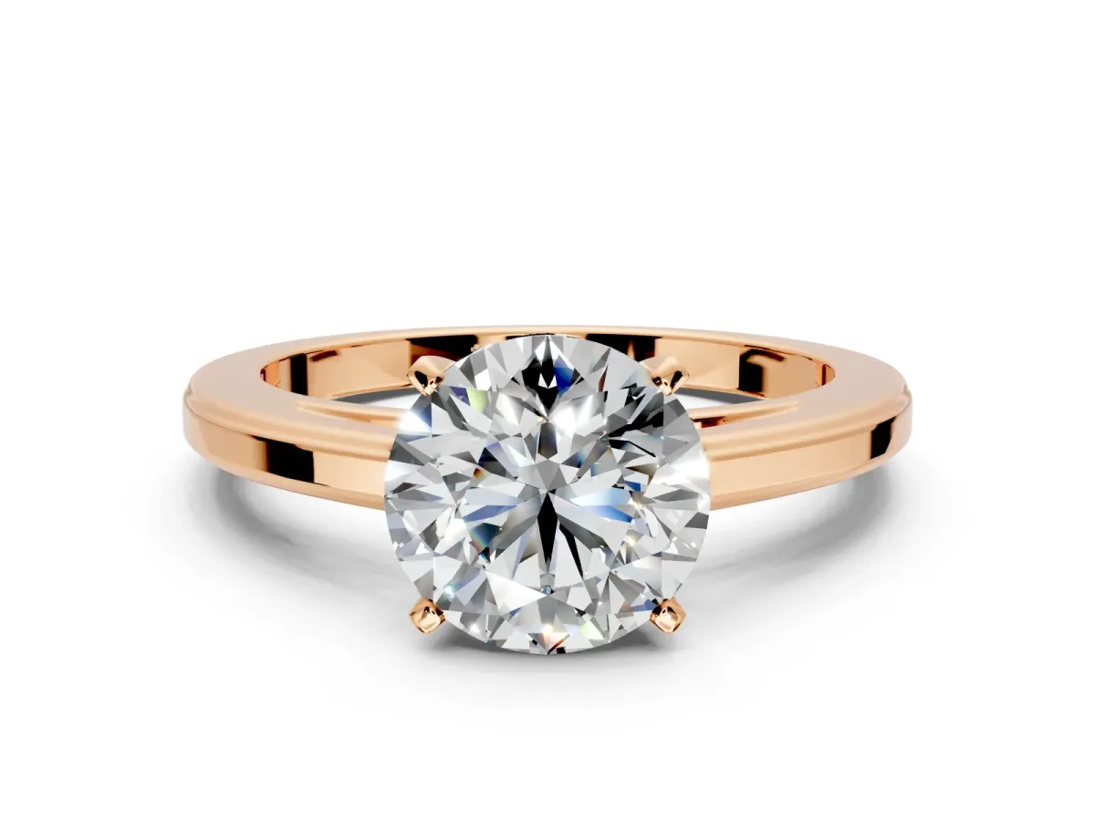 Solitaire Engagement Ring Setting for Round Cut Center with Flat-Sided Plain Band and Prong Head in Rose Gold