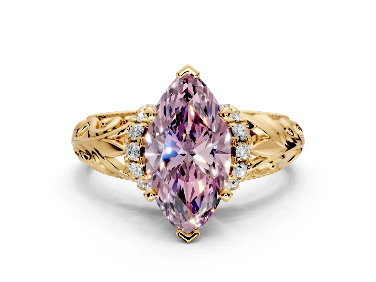 Solitaire Engagement Ring Setting for Fancy Pink Marquise Center with Filigree Accent Basket and Prong Head in Yellow Gold