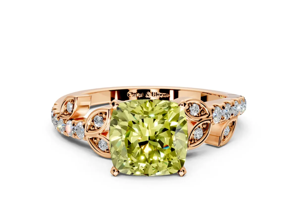 Leaf Motif Engagement Ring Setting for Fancy Yellow Cushion Cut Center with Pave Band and Prong Head in Rose Gold