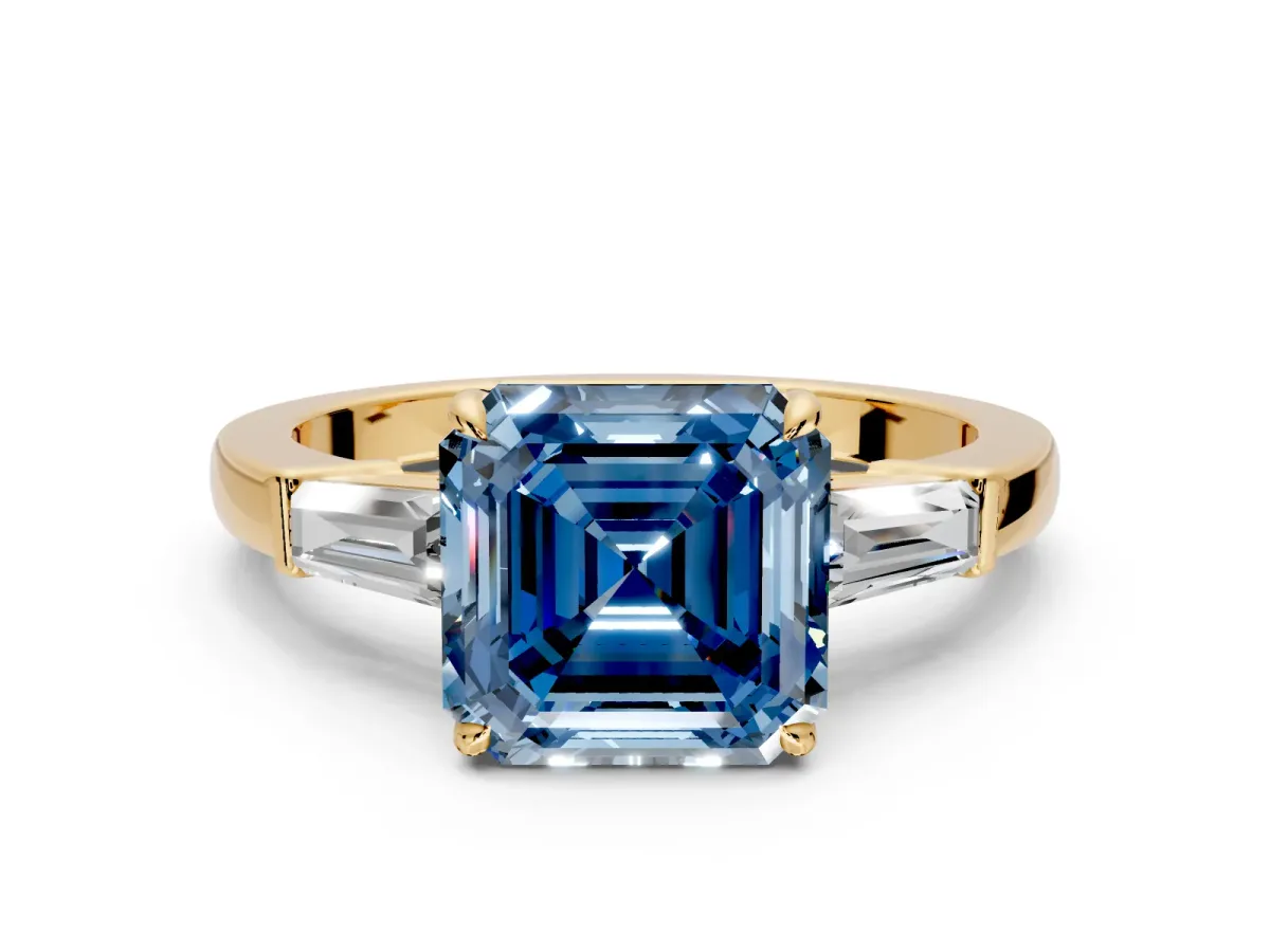 3 Stone Engagement Ring Setting for Fancy Blue Asscher Cut Center with Baguette Accents and Prong Head in Yellow Gold